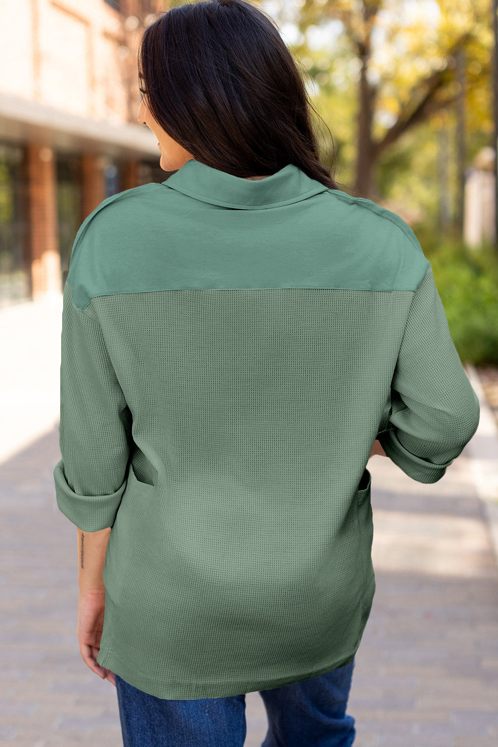 Jet Stream Waffle Long Sleeve Collar Half Button Loose Top