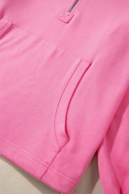 Black Solid Kangaroo Pocket Half Zipper Oversized Hoodie