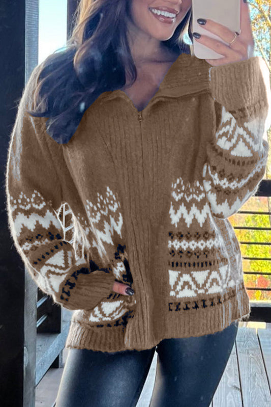 Bruin westers gedrukte geribbelde trim collared ritssluiting omhoog Cardigan