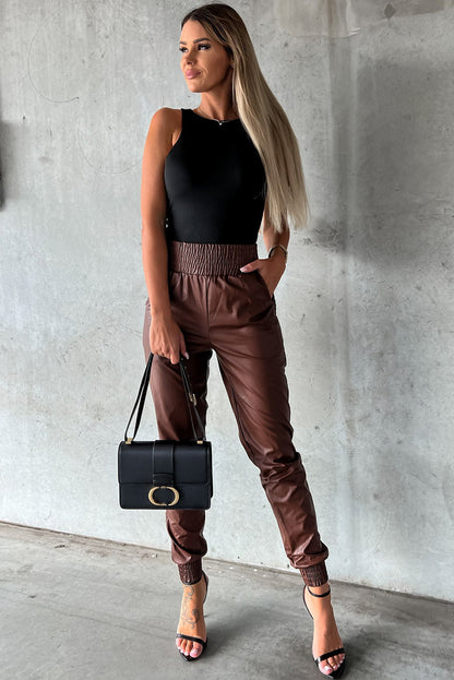 Bruine gesmokte leren skinny broek met hoge taille