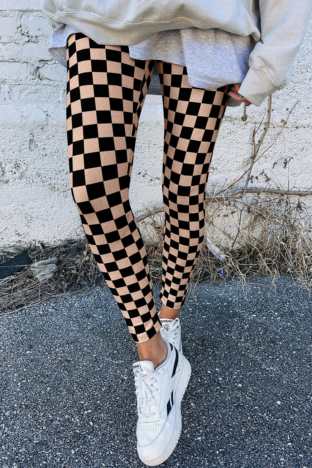 Khaki geruite patroon hoge taille magere leggings