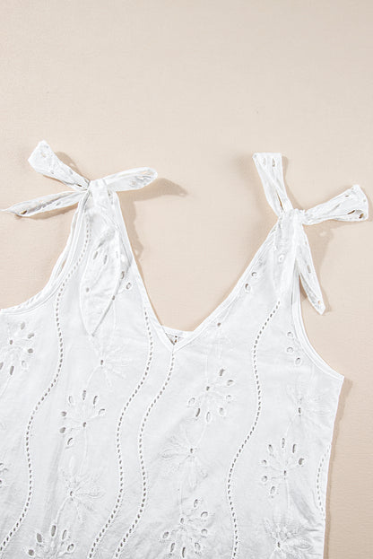 Witte tanktop met geknoopte bandjes en V-hals met borduurmotief