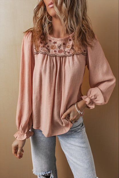Gossamer Pink bloemen geborduurde textured founce mouw elegante blouse