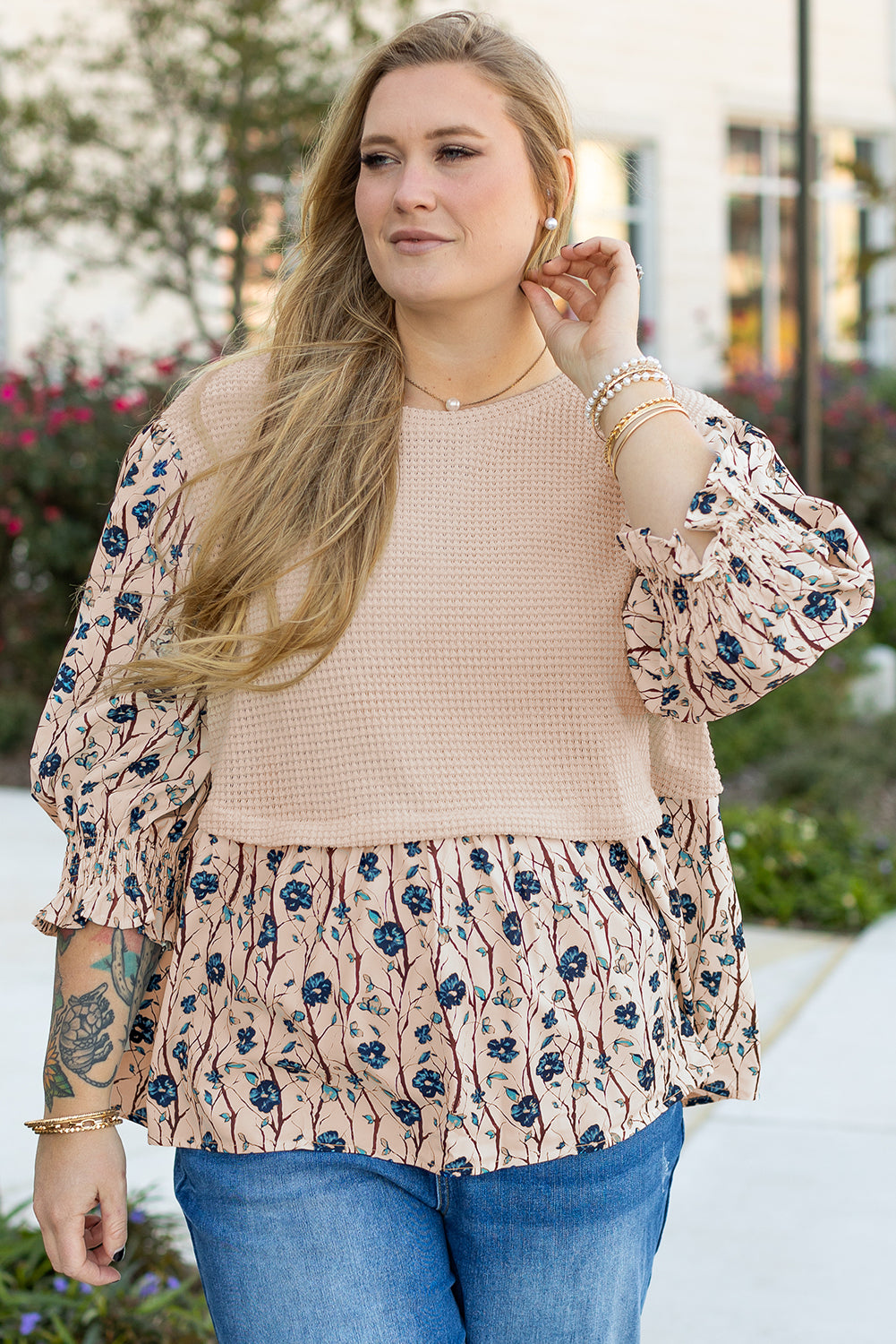 Beige faux tweedelig gebreide patchwork floral print plus size top