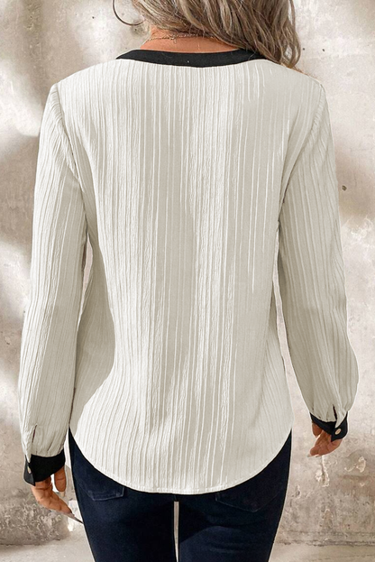 Witte textuur kleurblock v nek elegante blouse