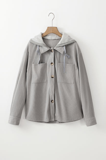 Lichtgrijze corduroy shacket met capuchon en trekkoordzakken