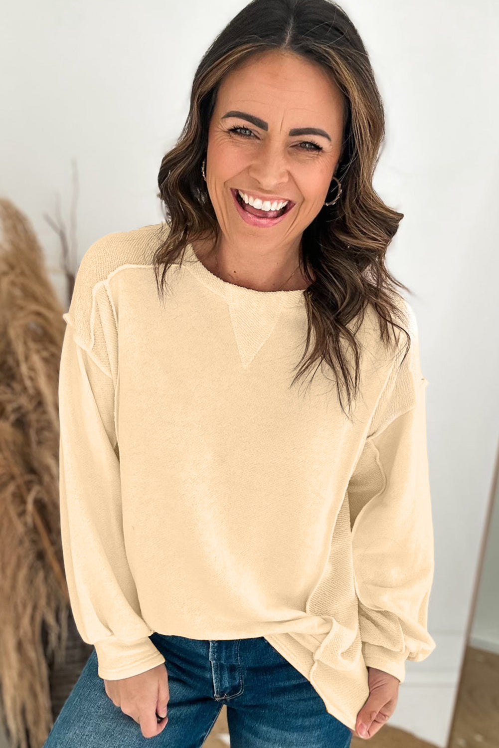 Beige Splicing Ronde Hals Pullover Sweatshirt