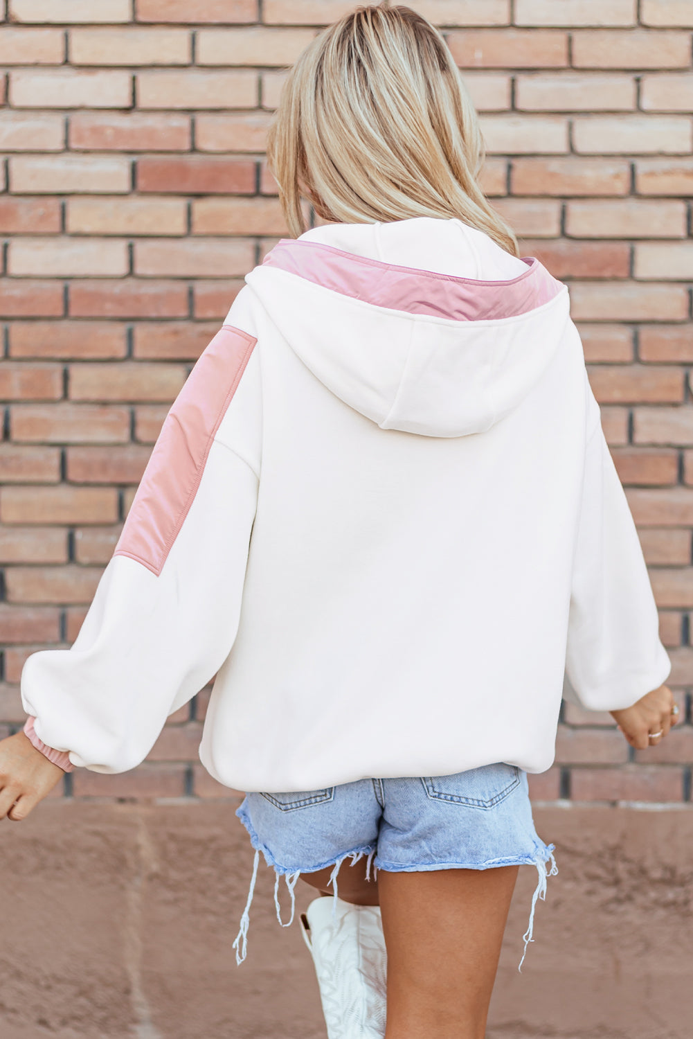 Roze kleurblokpatchwork Half Zip oversized sherpa hoodie