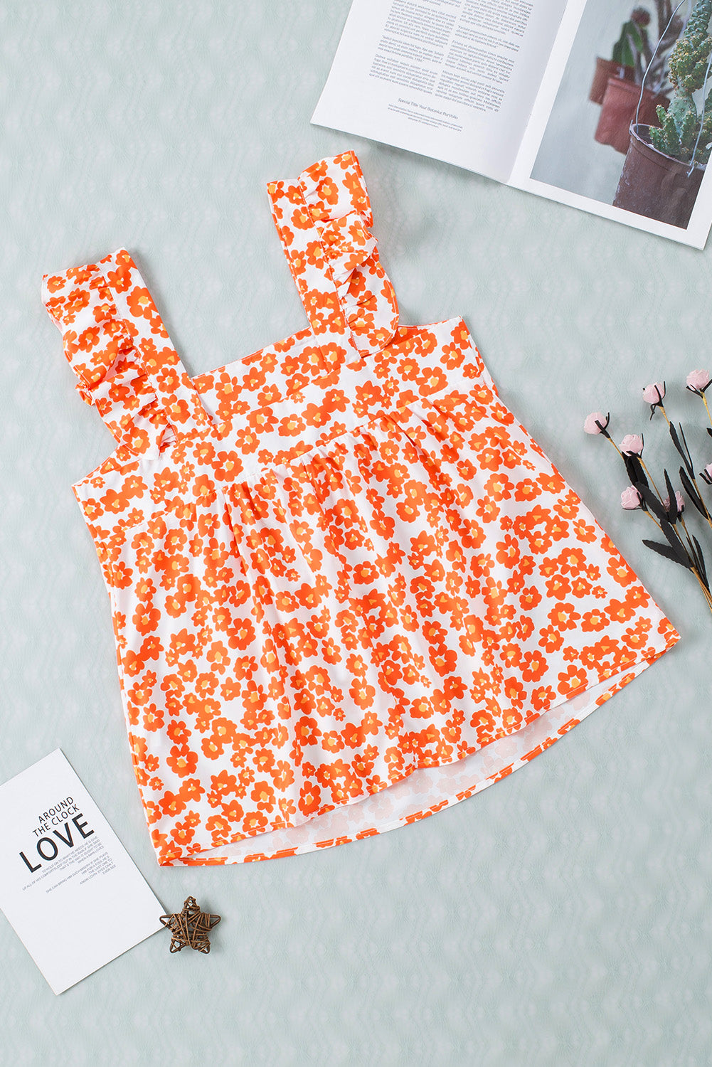 Oranje tanktop met ruches met vierkante hals en bloemenprint