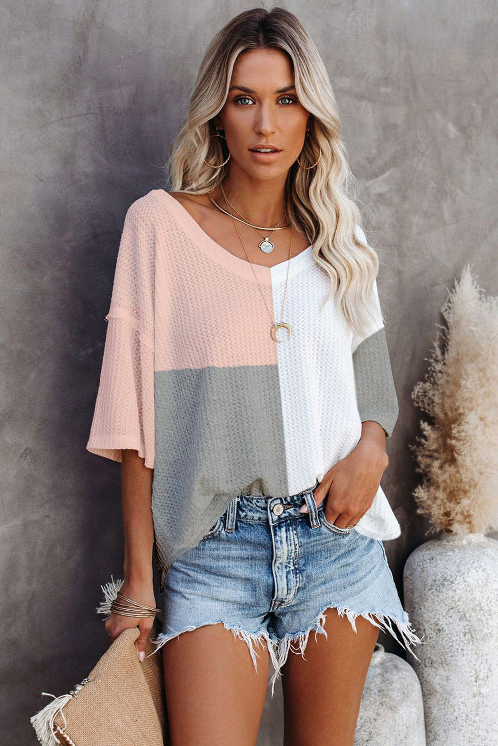 Oversized top met veelkleurige wafelkleurblokken en wijde mouwen