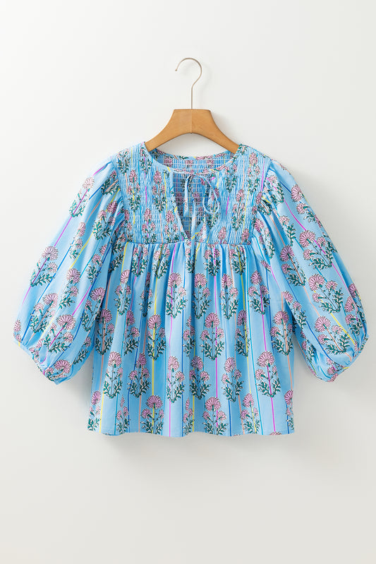 Hemelblauwe bloemen gestreepte print stropdas Shirred Split Neck Blouse
