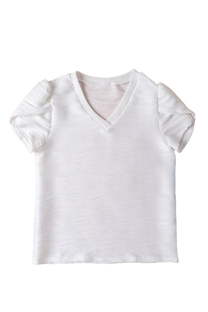 Witte effen kleur getextureerde top met V-hals en korte mouwen