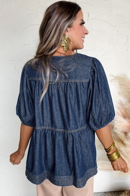 Zeil blauwe puff mouw veter halslijn splicing denim blouse