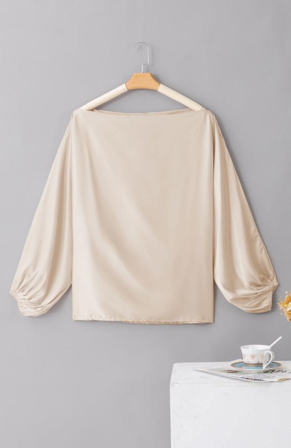 Bastique -  - Apricot Asymmetrical Neck Balloon Sleeve Satin Blouse