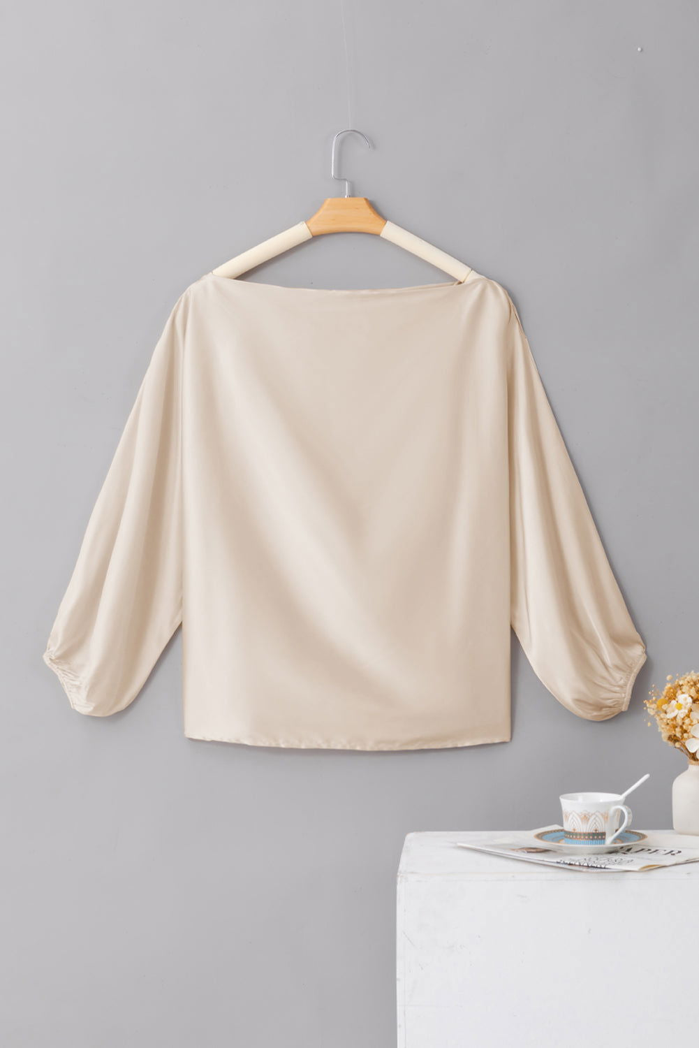 Bastique -  - Apricot Asymmetrical Neck Balloon Sleeve Satin Blouse
