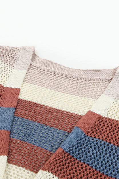 Blauw gestreept uitgehold gebreid vest met kleurenblokken