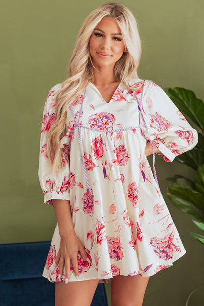 Roze bloemenprint ballon mouw v nek babydoll mini jurk