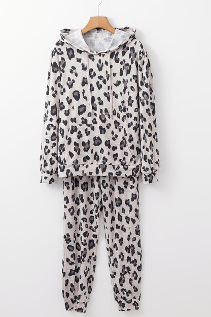Khaki Leopard Print Drawstring Hoodie en Skinny Broek Loungeset