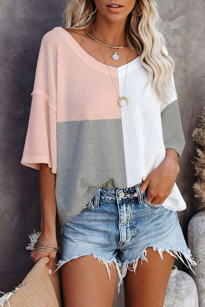 Oversized top met veelkleurige wafelkleurblokken en wijde mouwen