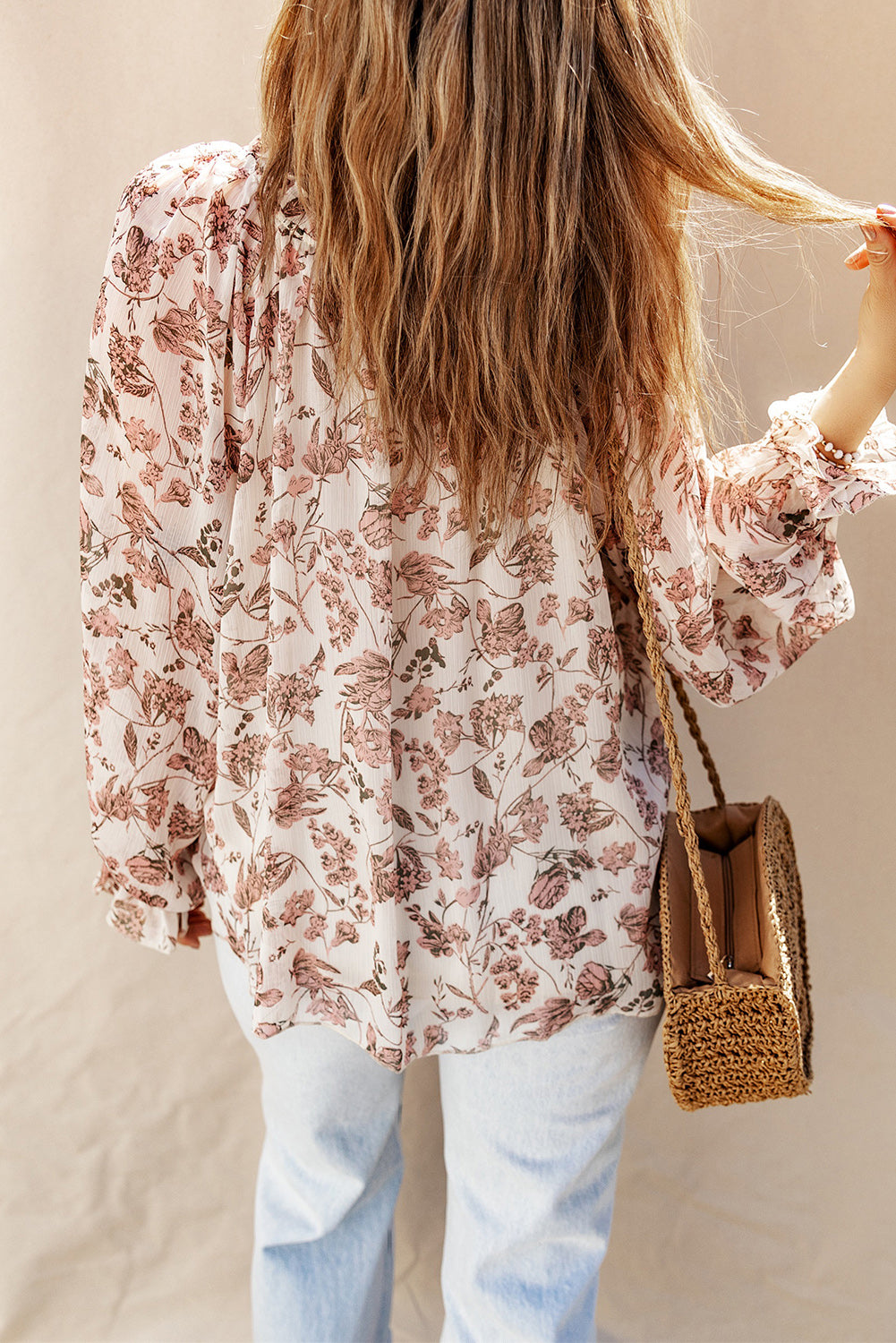 Boho bloemenprint blouse met split-V-hals en bubbelmouwen