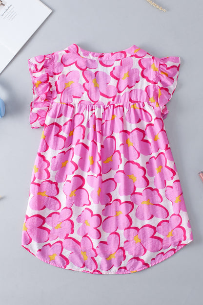 Babydoll-blouse met roze bloemen en ruches aan de mouwen