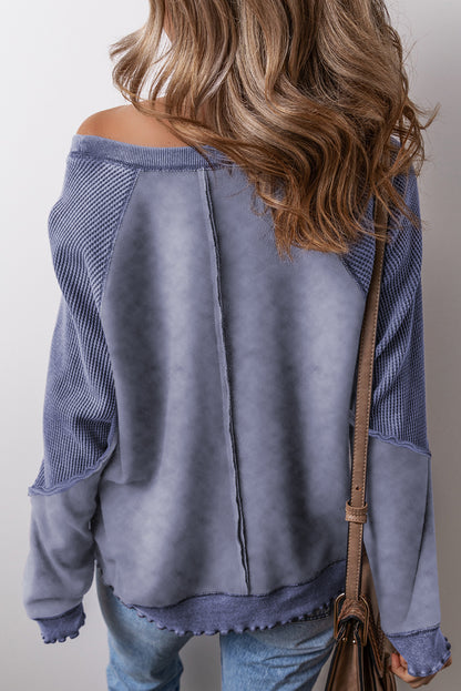 Zeil blauw massief wafel gebreide patchwork raglan mouw sweatshirt