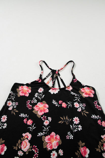 Zwarte bloemen spaghettibandjes tanktop met bandjes op de rug