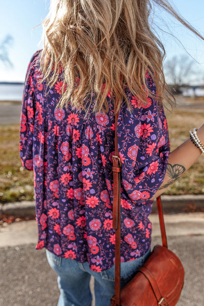 Paarse bloemen halve mouw splithals blouse top