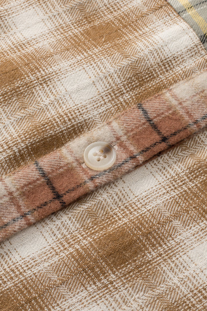 Bruin multi-geruit casual overhemd met ruwe rand en patchwork