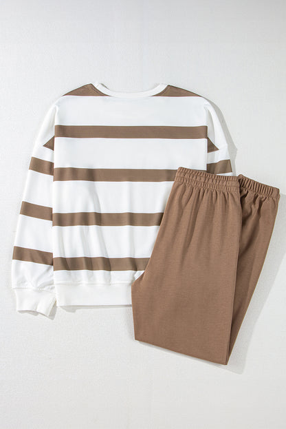 Bruine streep gestreepte druppel schouderpullover en jogger broek set