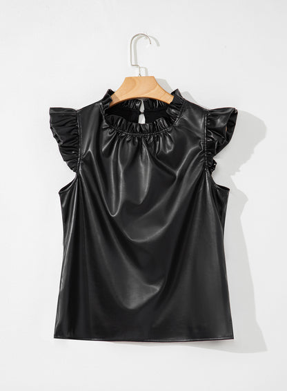 Zwarte pu lederen frilly ruches trim blouse