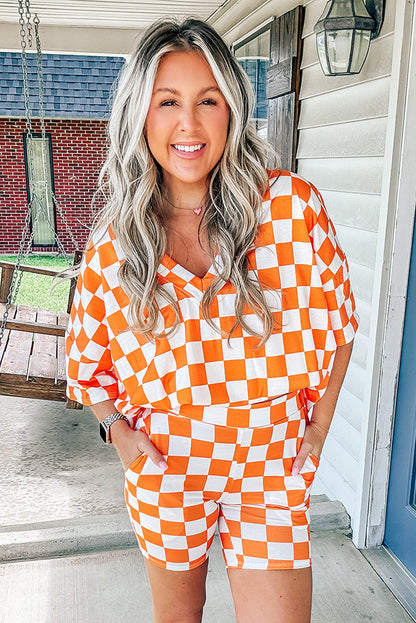Oranje dambord print v nek losse T -shirt en shorts lounge set