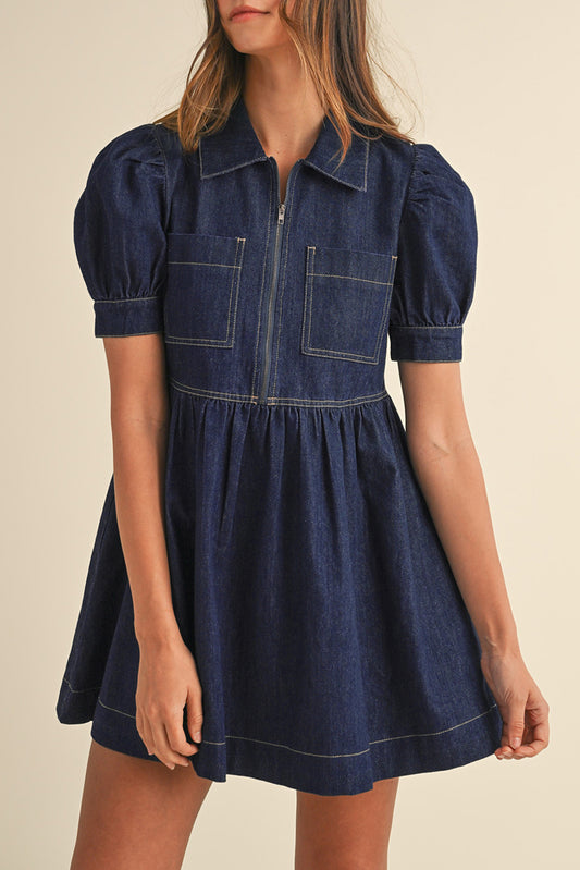 Vuil blauw ritssluiting met collared collared short puff mouw denimjurk
