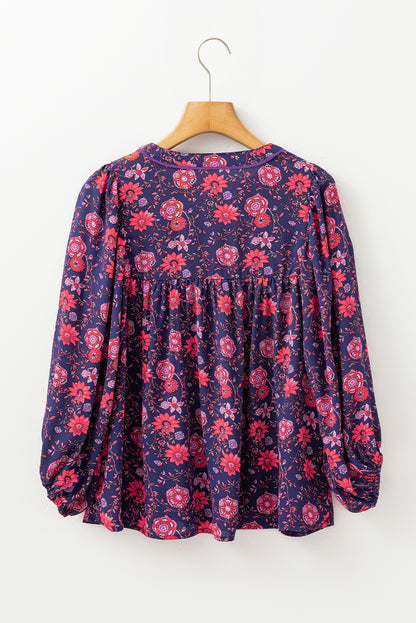 Paarse bloemen halve mouw splithals blouse top