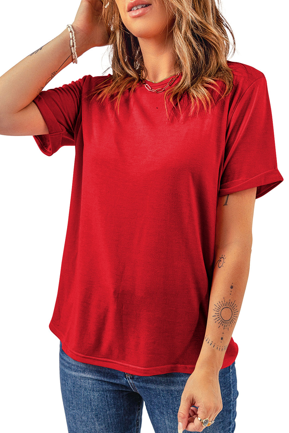 Rood casual effen T-shirt met ronde hals