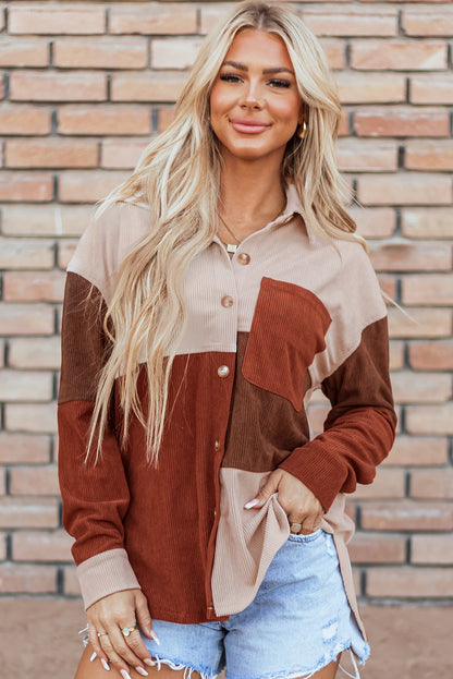 Kaneel Colorblock Corduroy shacket met gebogen zoom en zak