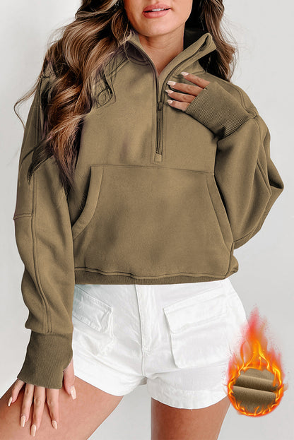 Smoke Green Fleece Lined Zip Up Stand Collar Thumbhole Sleeve Sweatshirt