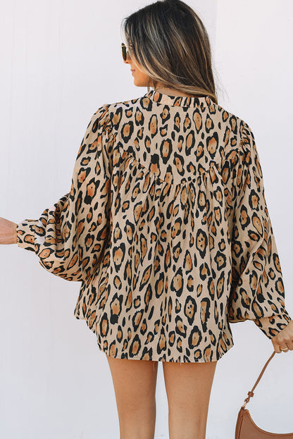 Licht Frans beige oversized luipaard print ballon mouw casual shirt
