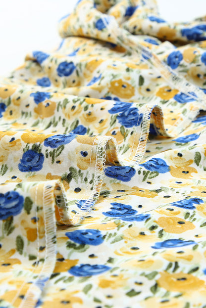 Gele Boho bloemen ruches korte mouw franje mock hals blouse