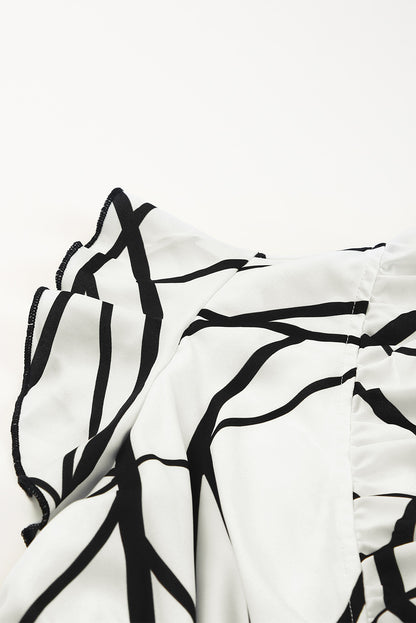 Witte abstracte aderprint met V-hals en ruches maxi-jurk