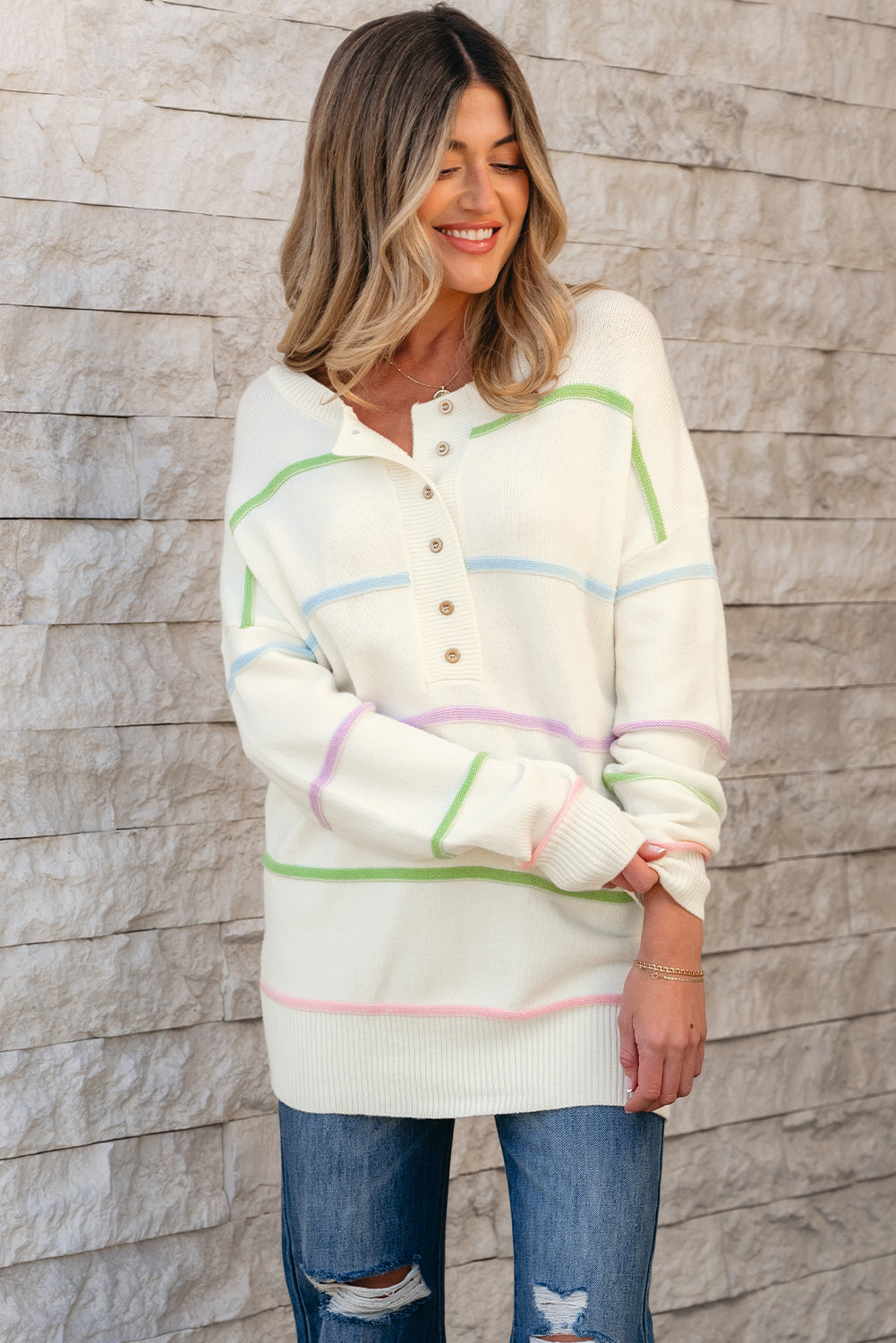 Witte regenboogstrepen laten schouderbaggy henley trui
