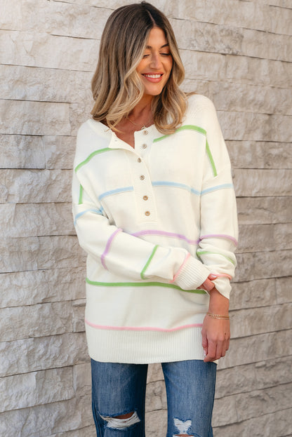 Witte regenboogstrepen laten schouderbaggy henley trui