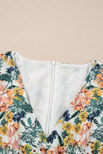 Sky Blue Floral 3/4 Sleeve V Neck High Taille Ruffled Dress