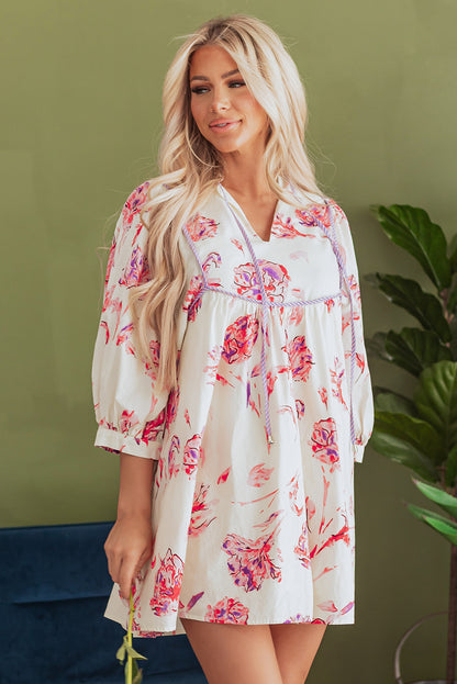 Roze bloemenprint ballon mouw v nek babydoll mini jurk
