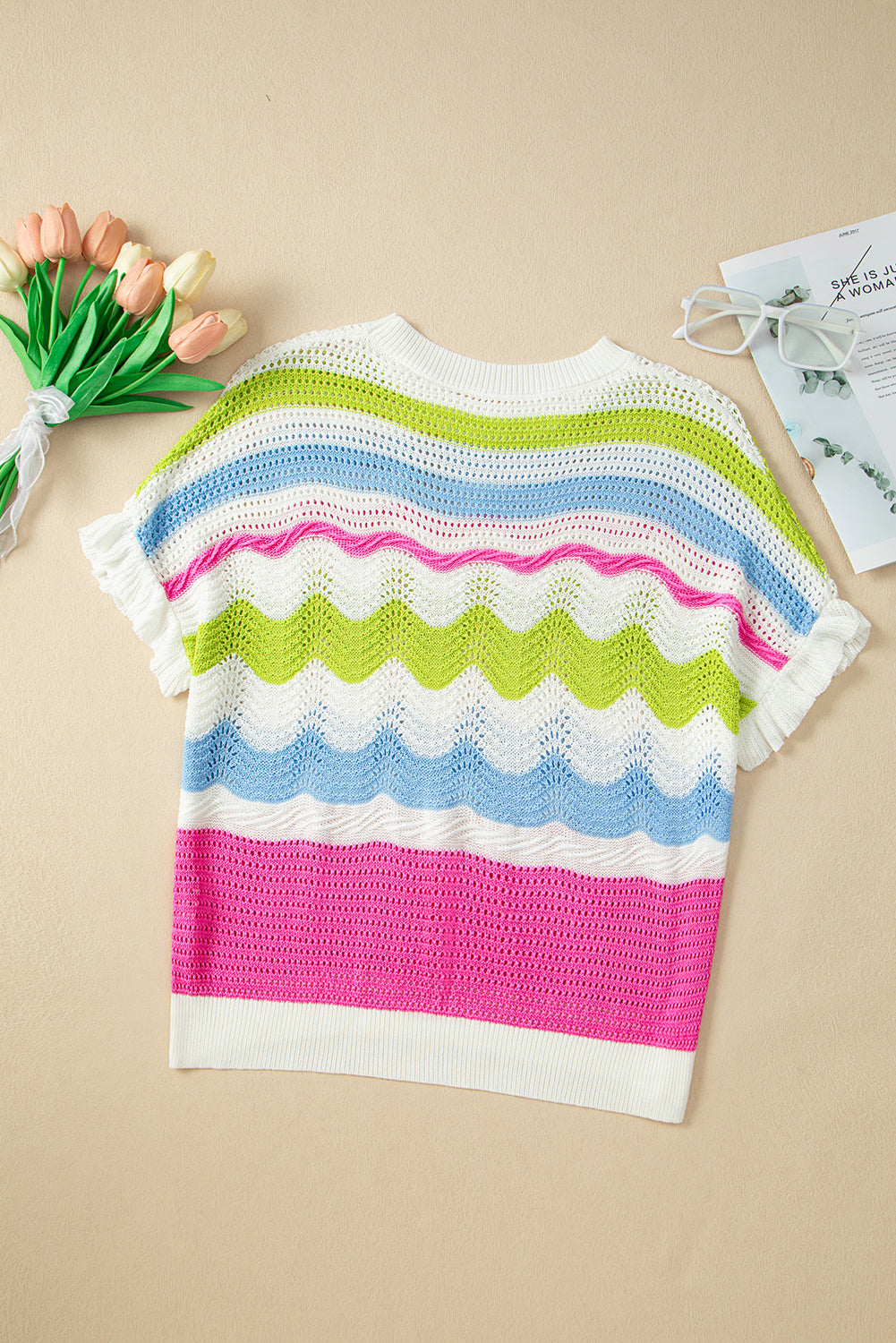 Witte colorblock gehaakte trui met ruches en korte mouwen