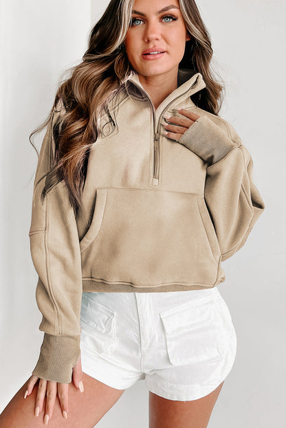 Smoke Green Fleece Lined Zip Up Stand Collar Thumbhole Sleeve Sweatshirt