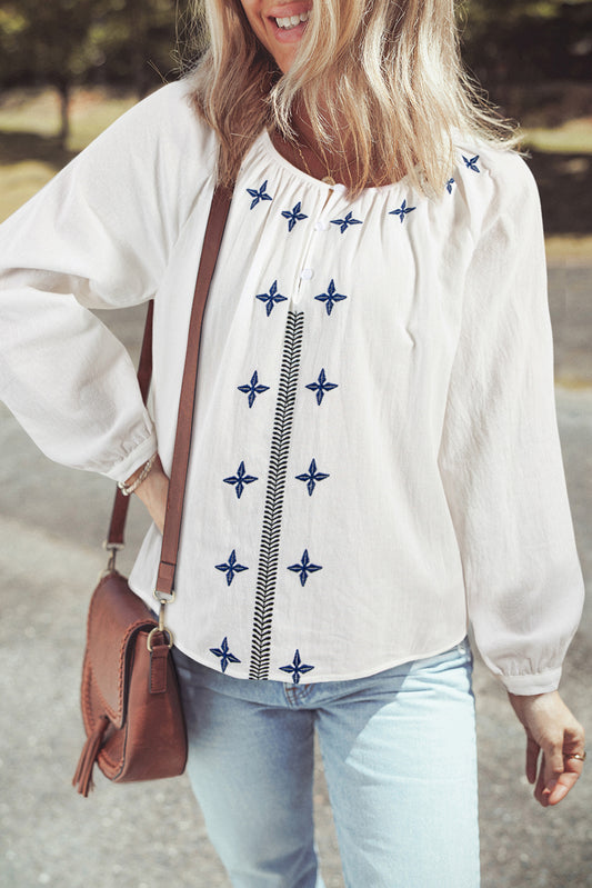 Wit geometrische geborduurde blouse met lange mouwen met knoop