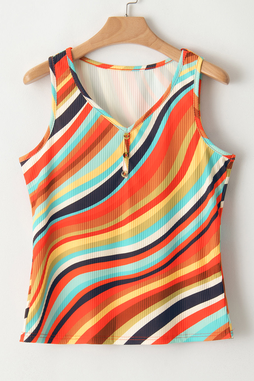 Veelkleurige golvende gestreepte tanktop met V-hals en knopen