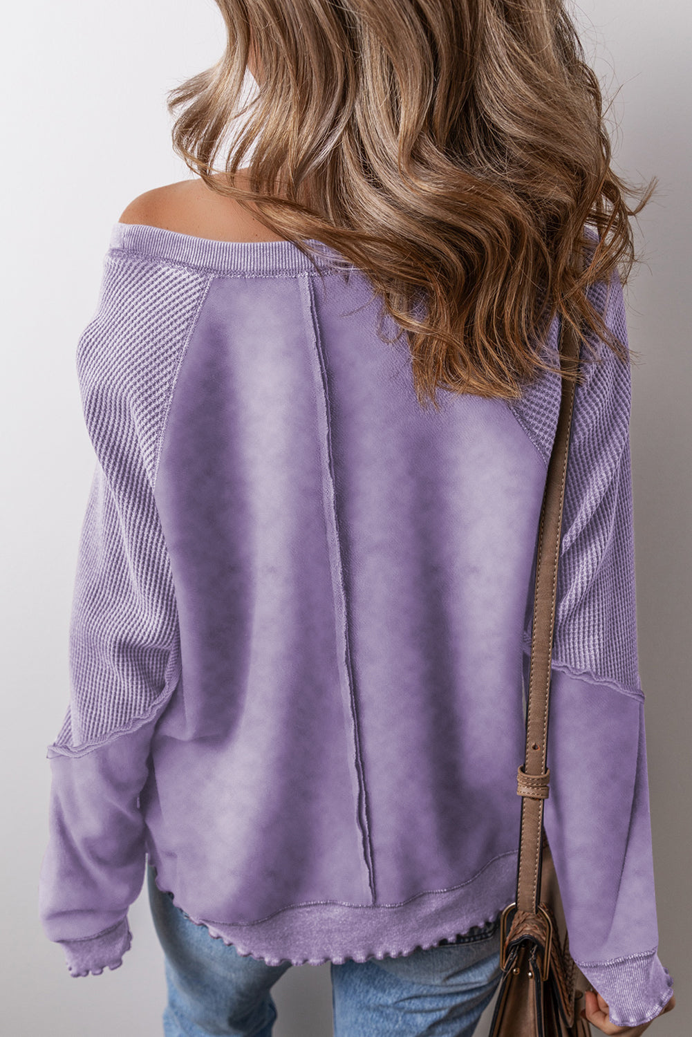 Zeil blauw massief wafel gebreide patchwork raglan mouw sweatshirt