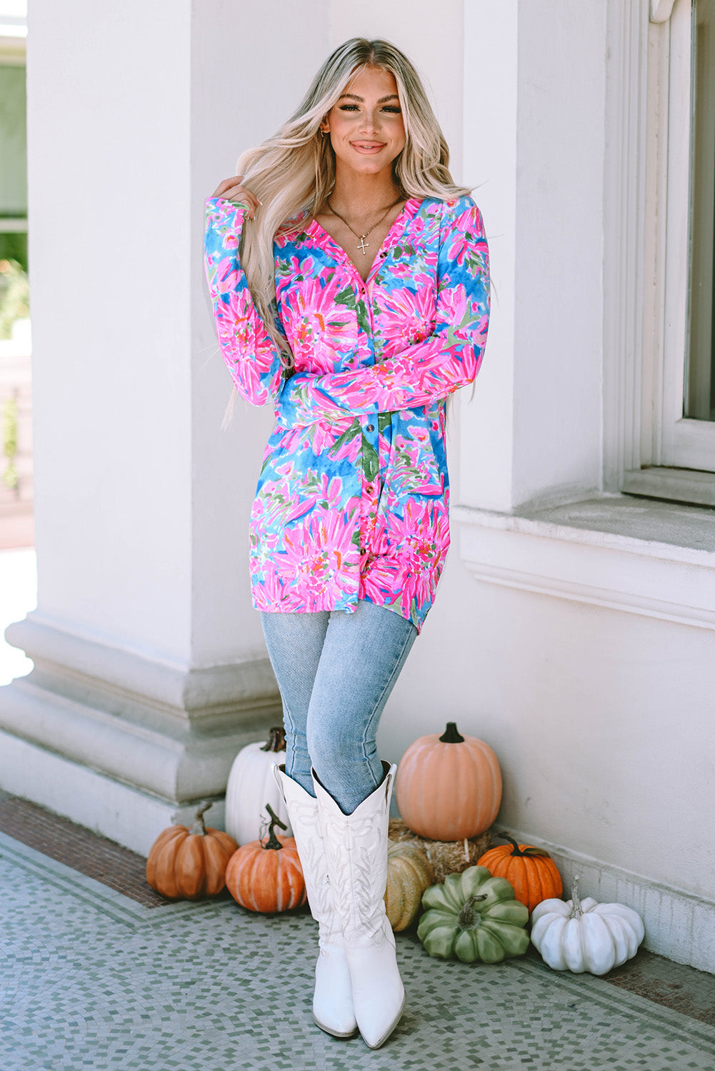 Roze bloemenprint vest met lange mouwen en knopen